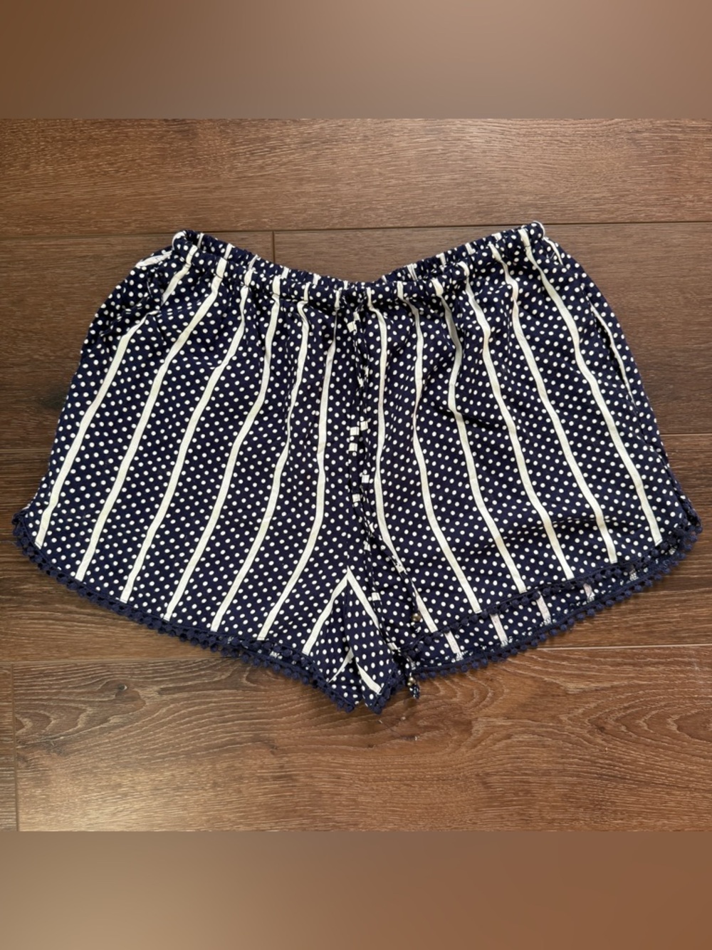 NWT Angie Navy and White Polka Dot & Stripe High Waist Shorts